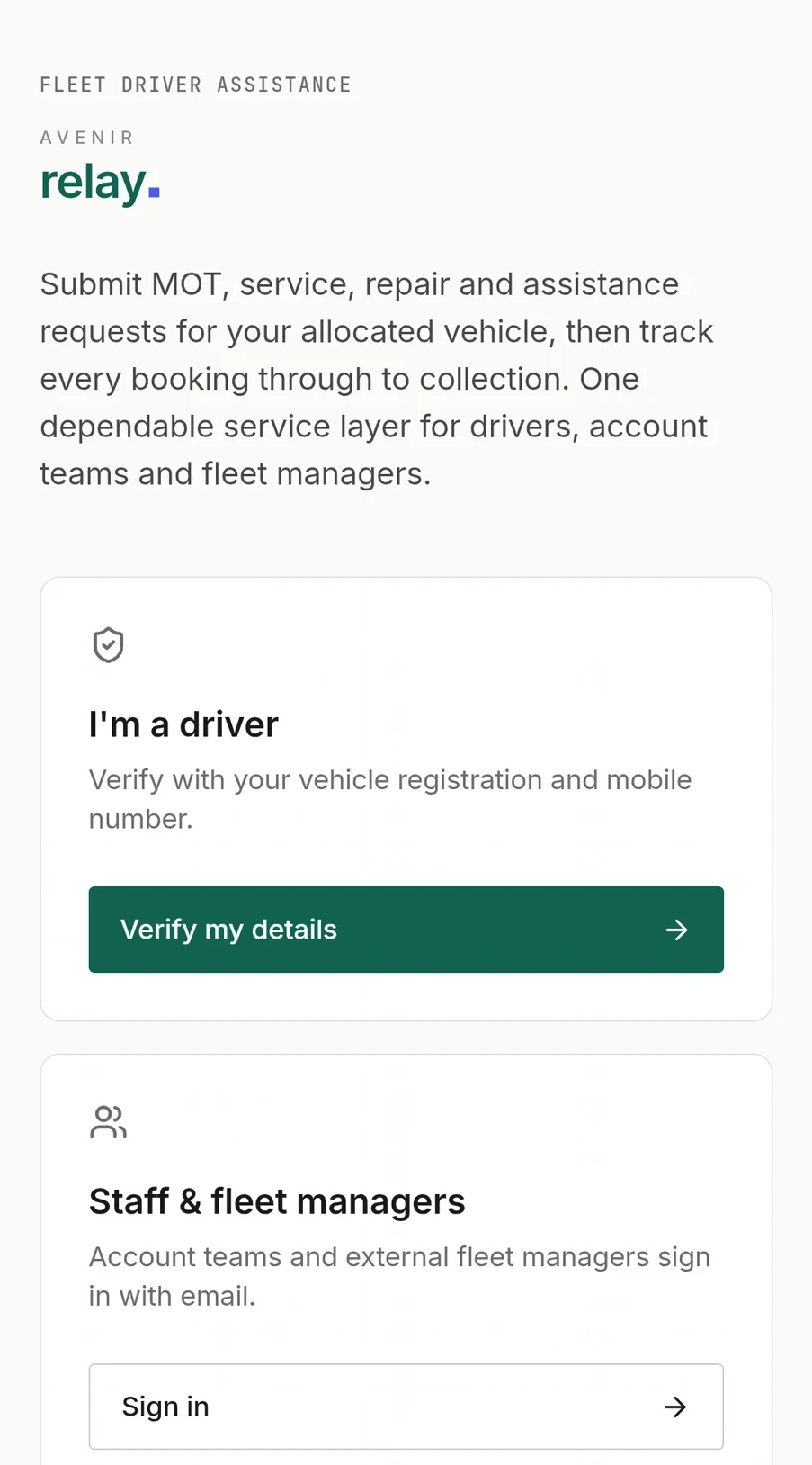 Relay driver entry screen offering MOT, service, repair and assistance request options